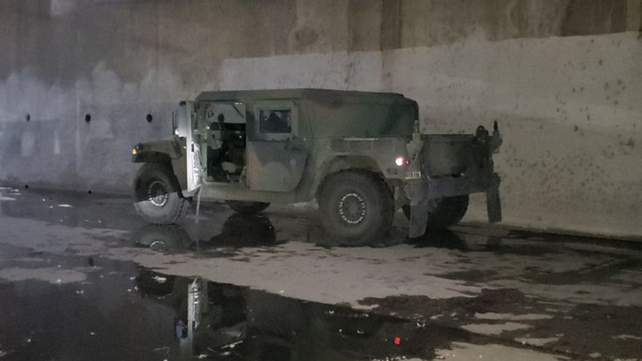 This photo provided by the FBI Los Angeles shows a military Humvee that was stolen from a National Guard facility in a Los Angeles suburb and was found Wednesday, Jan. 20, 2021. (FBI via AP)