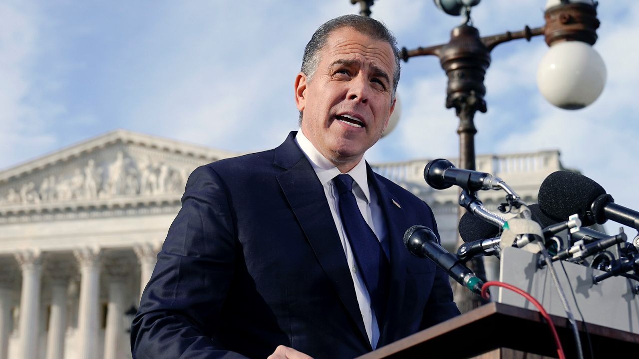 Hunter Biden, son of President Joe Biden, speaks Wednesday during a news conference outside the U.S. Capitol in Washington. (AP Photo/Mariam Zuhaib)