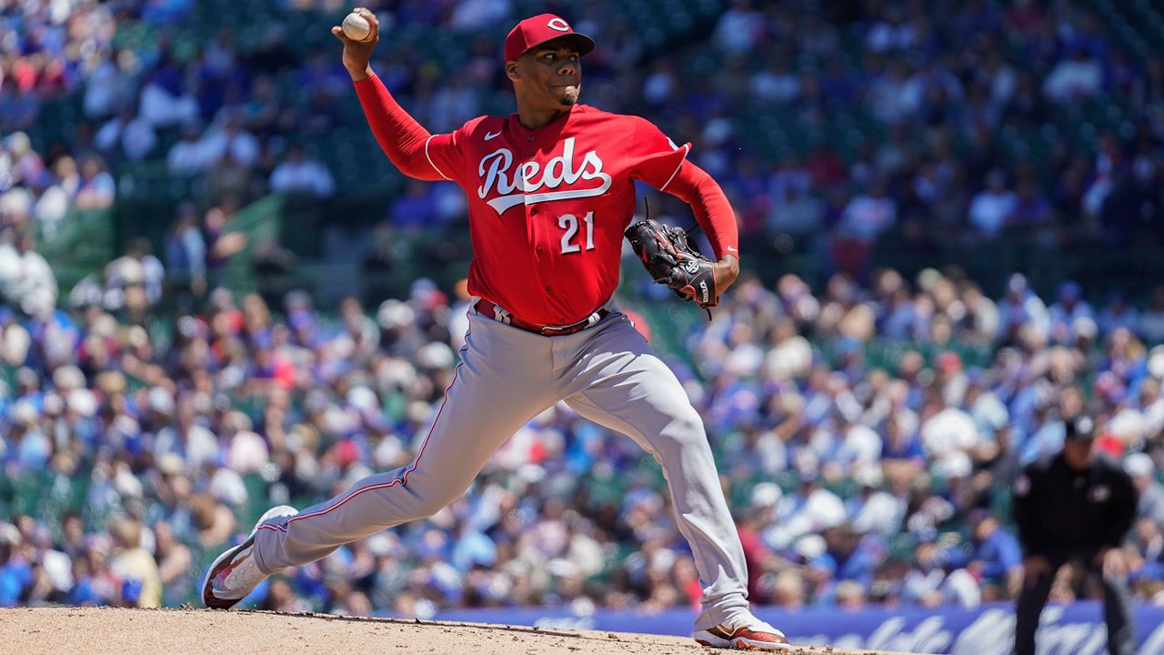 Cincinnati Reds starting pitcher Hunter Greene throws during the first inning of a baseball game against the Chicago Cubs Friday, May 26, 2023, in Chicago. (AP Photo/Erin Hooley)