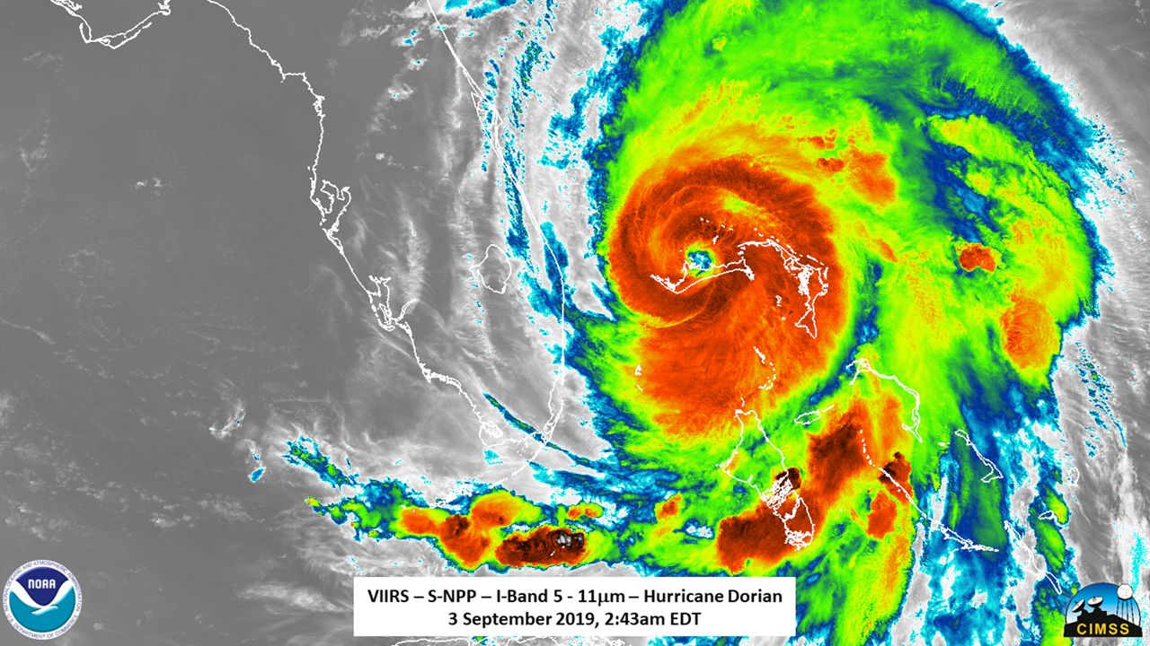 Satellite image over Hurricane Dorian early on Tuesday, Sept. 3, 2019. Dorian's southern eyewall was captured pounding Grand Bahama Island. NOAA/CIMMS