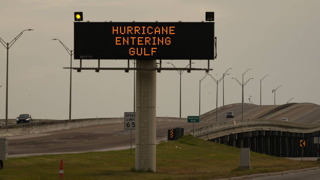 A sign notifies motorists to prepare for Hurricane Beryl, Sunday, July 7, 2024, in Portland, Texas. (AP Photo/Eric Gay)