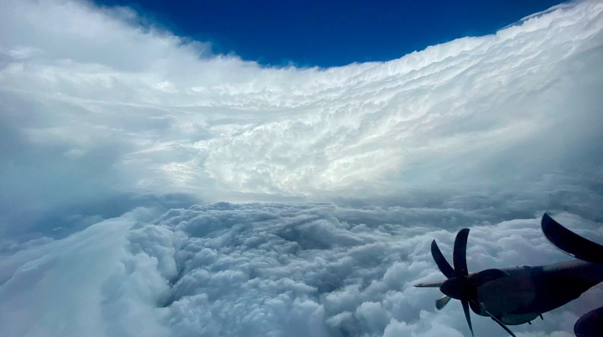 This photo provided by Air Force Reserve shows a sky view of Hurricane Epsilon taken by Air Force Reserve hurricane hunter team over the Atlantic Ocean taken Wednesday, Oct. 21, 2020.