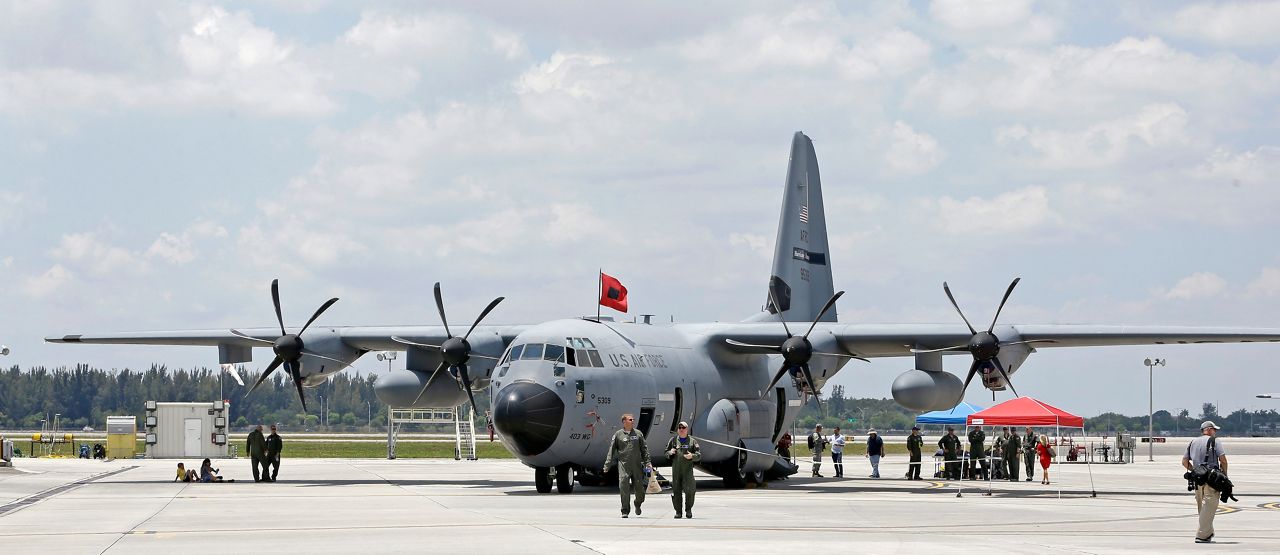 In this photo taken Friday, May 12, 2017, a USAF Reserve, WC-130J hurricane hunter aircraft is shown at the U.S. Coast Guard Air Station Miami, as reporters and guests take a first hand tour of the aircraft, at the Miami-Opa Locka Executive Airport, in Opa-locka, Fla.