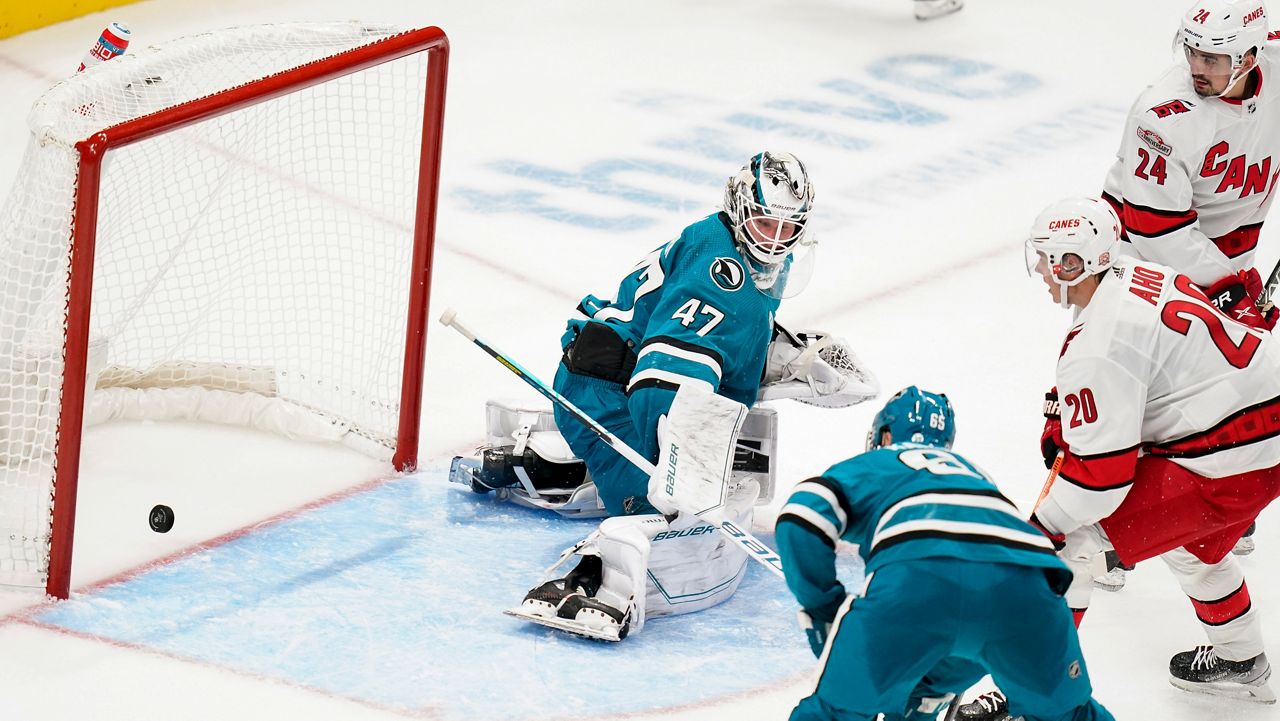 Aho's late goal leads Canes past Sharks 2-1
