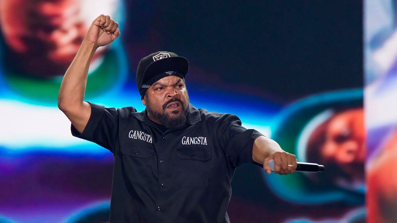 Rapper and actor Ice Cube performs at Hip-Hop 50 Live, celebrating 50 years of hip-hop on Friday, Aug. 11, 2023, at Yankee Stadium in the Bronx borough of New York. (Photo by Scott Roth/Invision/AP)