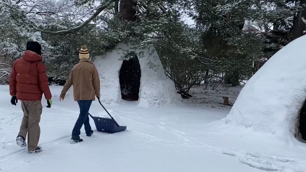 Repairing igloos in Worcester after days of warm weather
