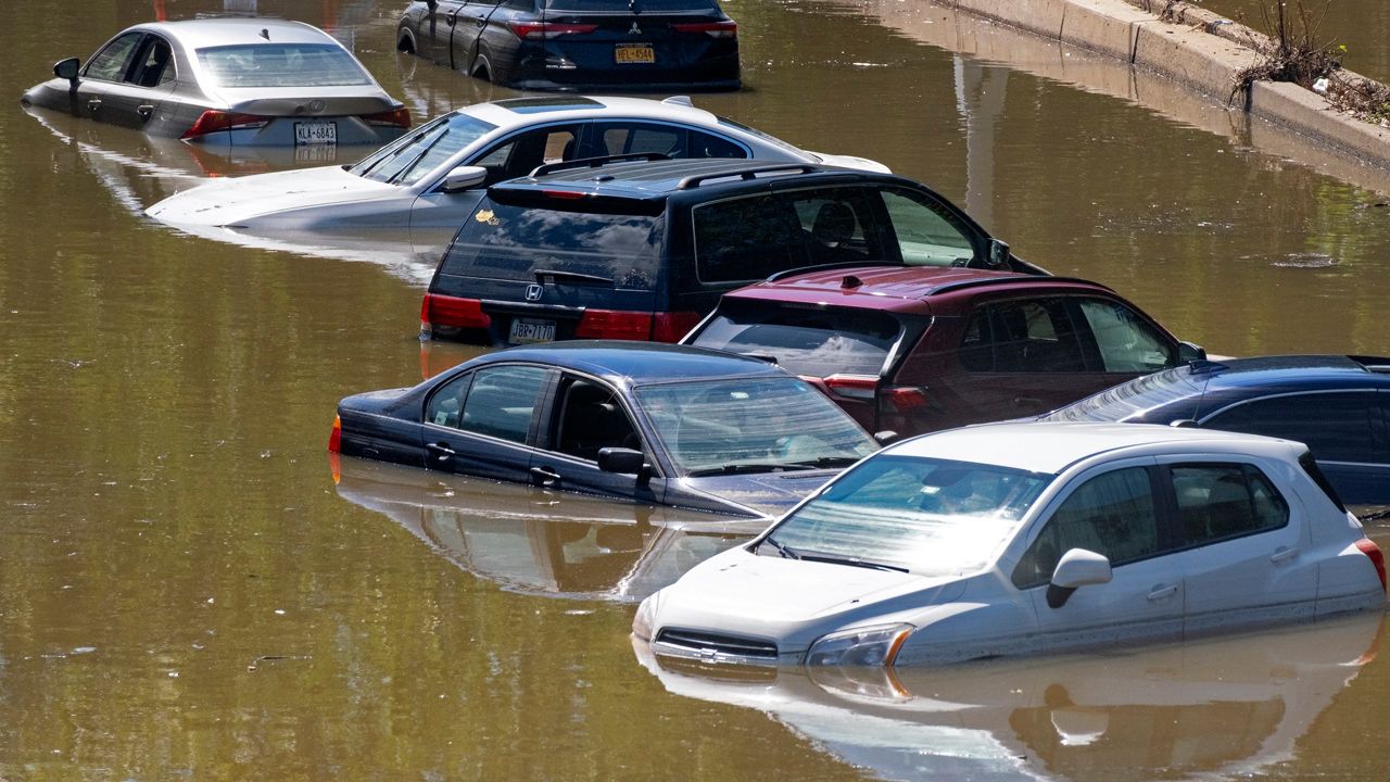 A Sept. 2, 2021, image of cars stranded by high water on the Major Deegan Expressway in Bronx due to flooding from the remnants of Hurricane Ida