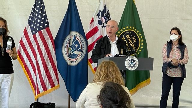 Department of Homeland Security Secretary Alejandro Mayorkas speaks to reporters after touring a Texas border facility Friday. (Spectrum News Texas)