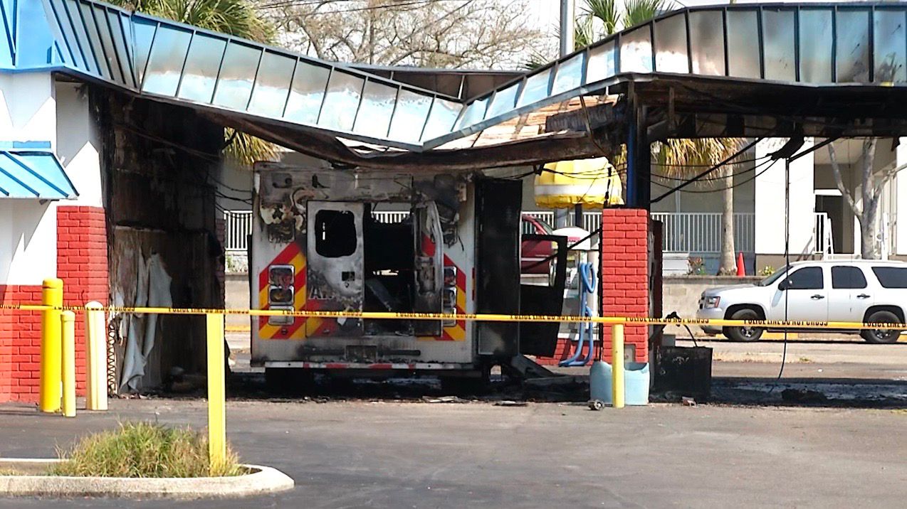 Ambulance catches fire at car wash in Tarpon Springs