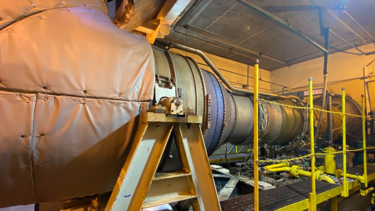 One of the Astoria plant's 24 jet turbines that use oil to generate electricity during blackouts and other energy crises. (NY1/Ari Feldman)