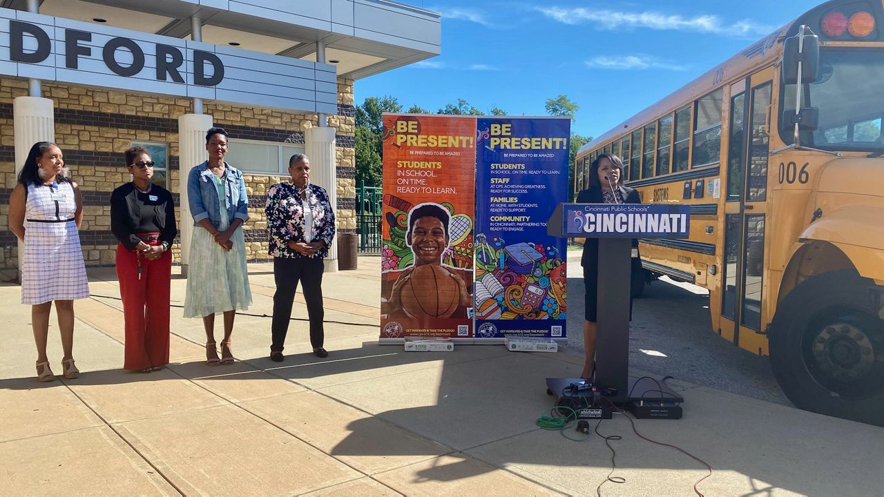 Leaders from Cincinnati Public Schools speak during a press conference ahead of the start of the 2022-23 school year. (Casey Weldon/Spectrum News 1)