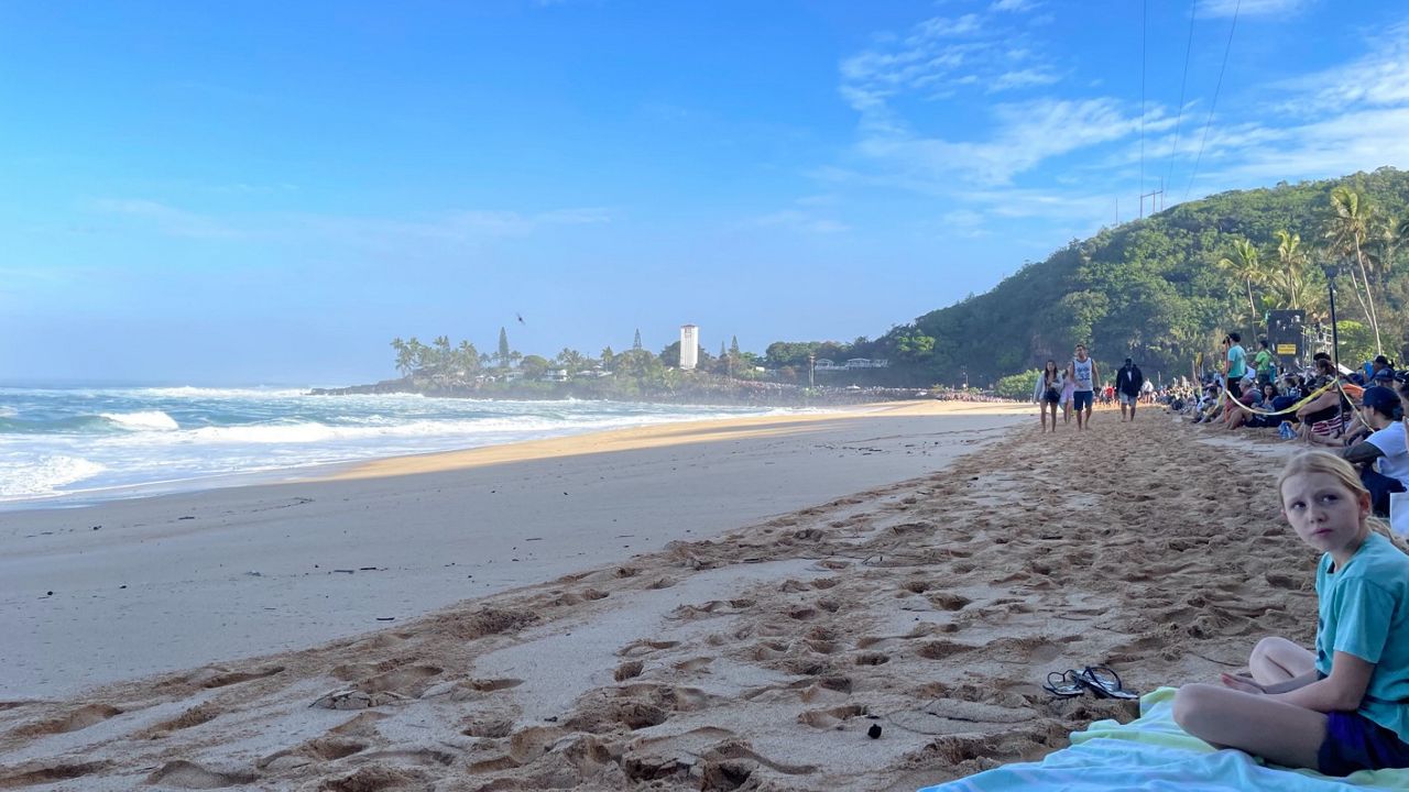 Waimea Bay on Sunday as people watch the Eddie big wave surf contest. (Spectrum News/Michelle Broder Van Dyke)