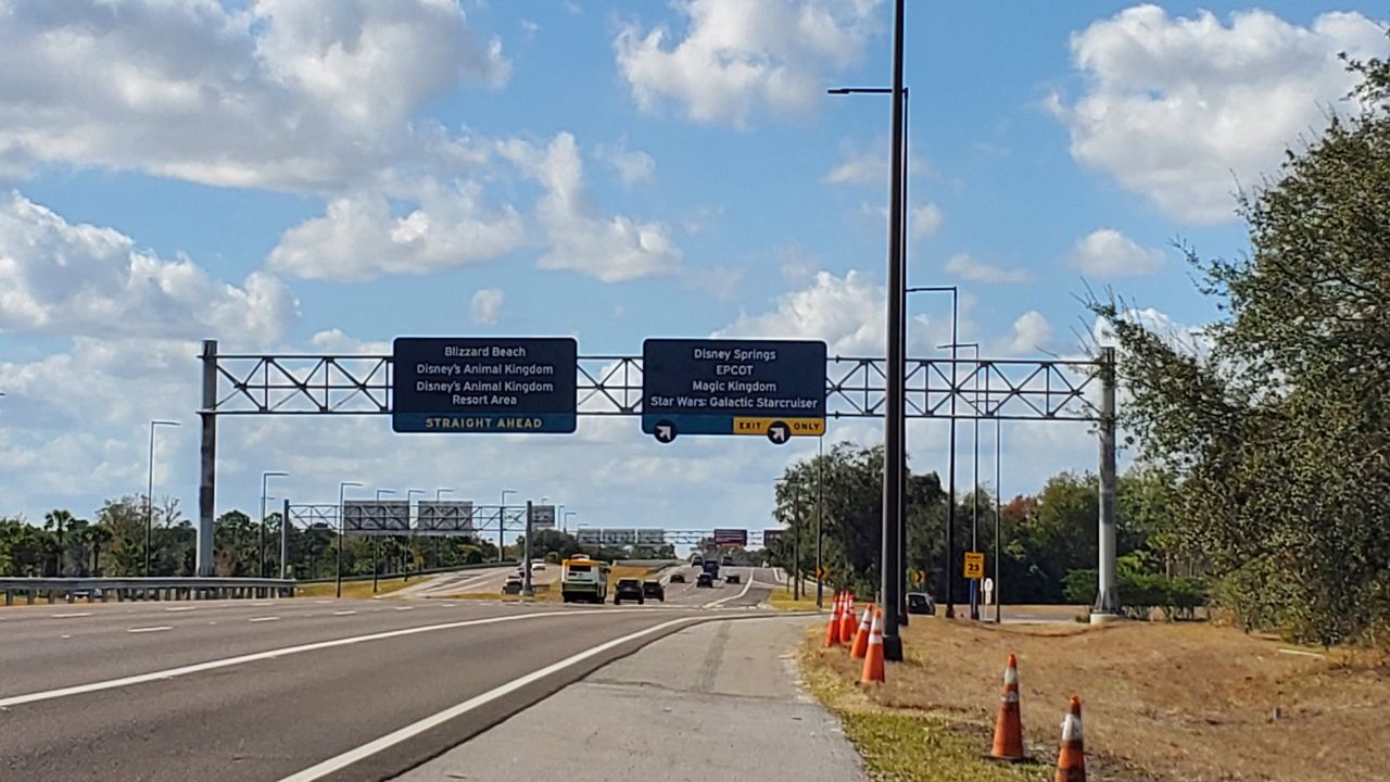 Disney World has begun installing new road signs that feature a blue color scheme. (Spectrum News/Ashley Carter)