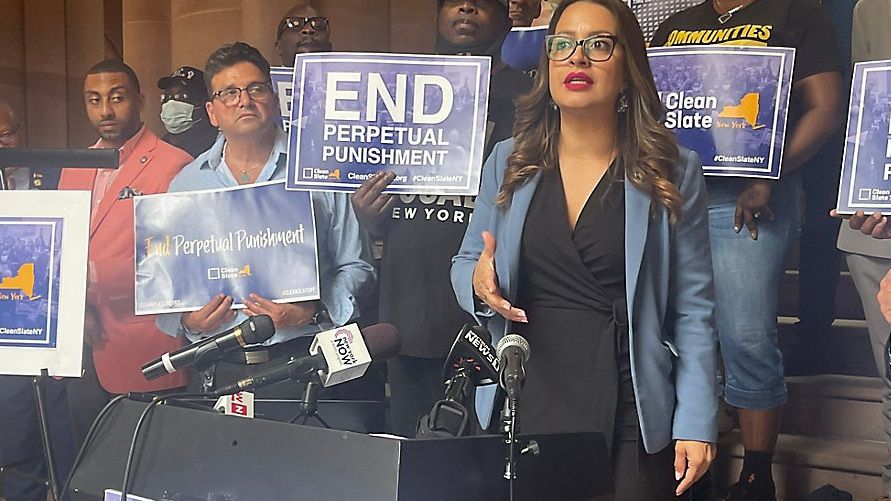 Sponsor Assemblywoman Catalina Cruz speaks in the state Capitol on Wednesday pushing the Assembly to pass the Clean Slate Act