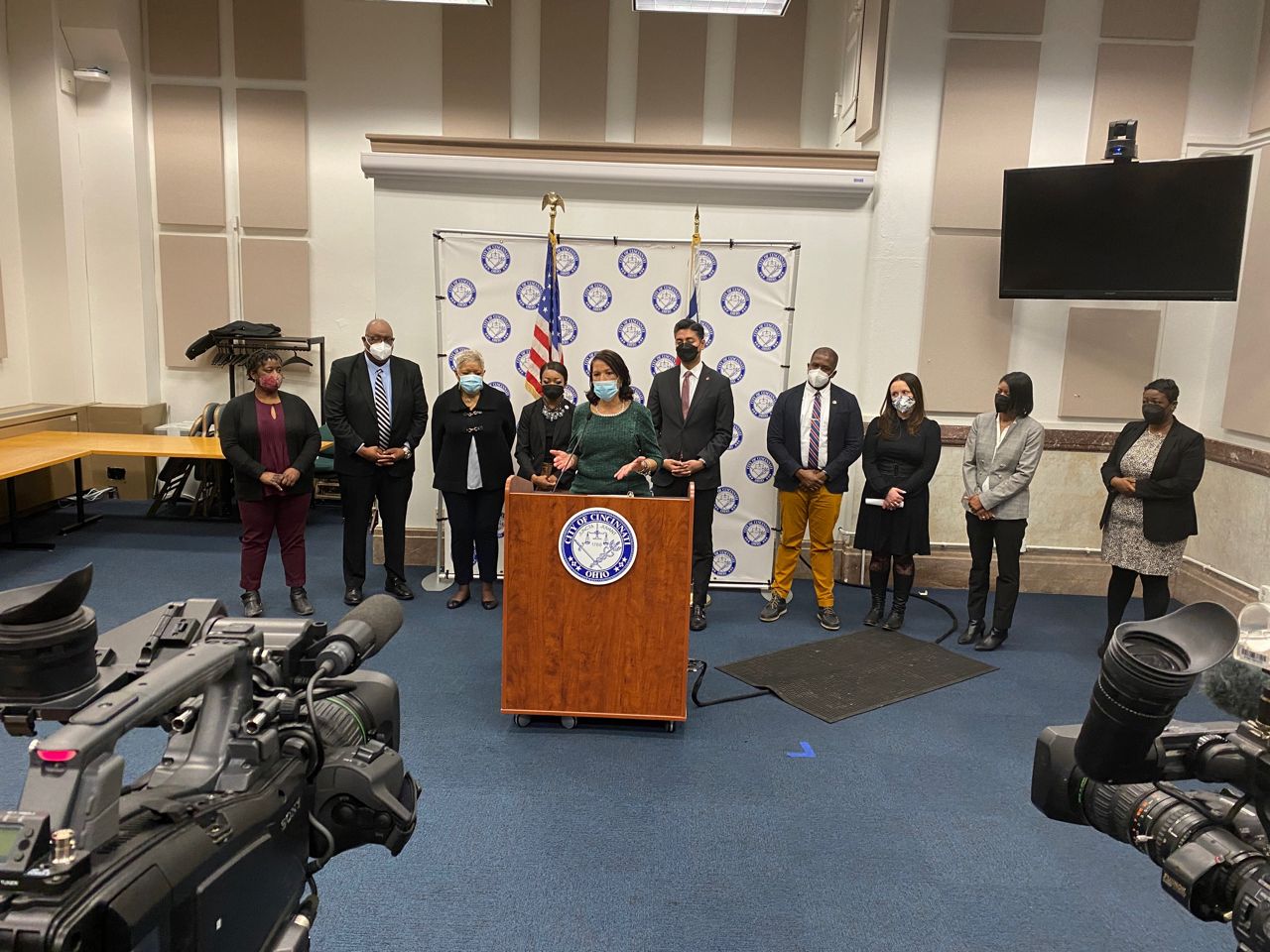 Cincinnati's vice mayor (podium) has been a leading voice on affordable housing since taking office last city council term. (Spectrum News 1/Casey Weldon)