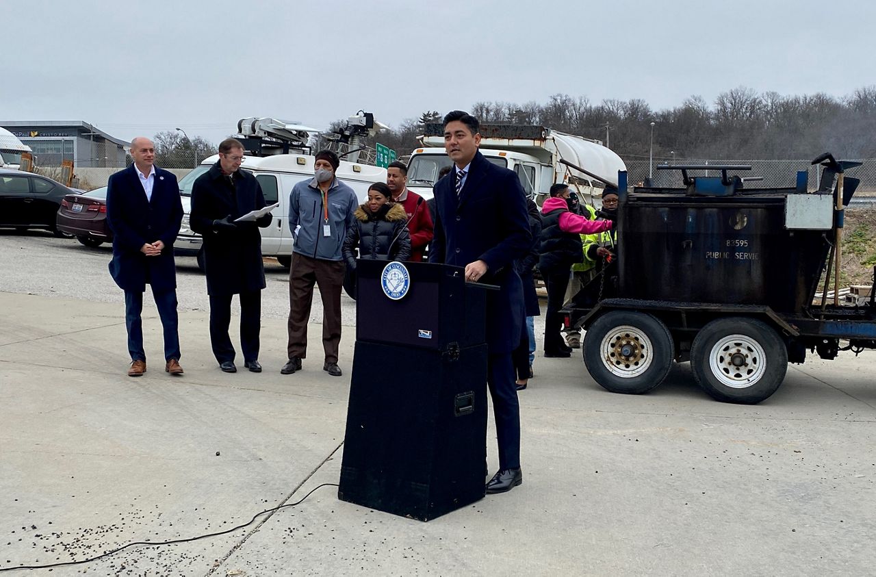 Mayor Aftab Pureval joins city leaders to announce a plan for the city of Cincinnati to address a drastic uptick in potholes. (Spectrum News 1/Casey Weldon)