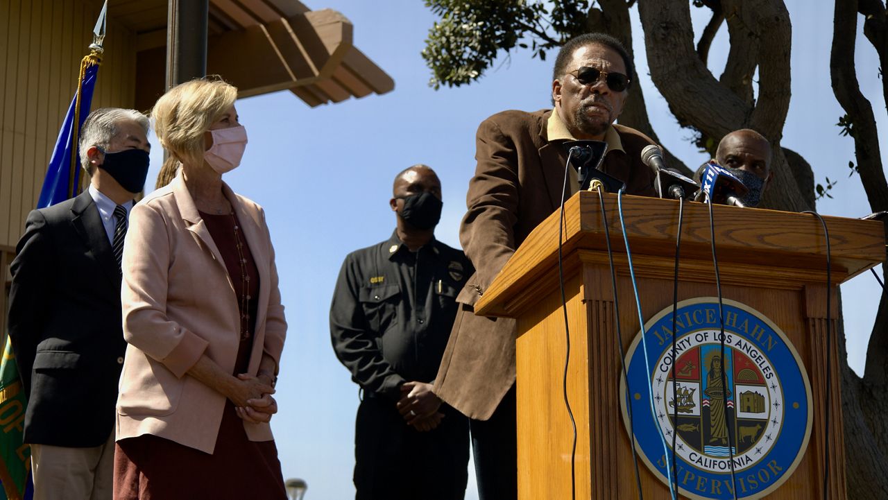 Chief Duane Yellow Feather Shepard, a descendant of the Bruce family, speaks at a press conference held by Los Angeles County Supervisor Janice Hahn, left. (Photo courtesy Kevin Cody)