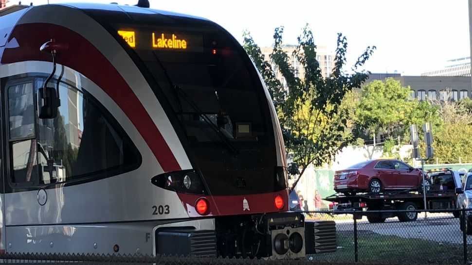 A commuter train and a car involved in a crash in Austin, Texas, on November 1, 2018. (Victoria Maranan/Spectrum News)
