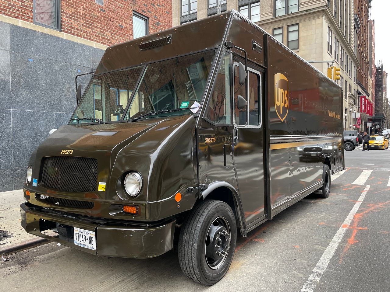 A UPS truck is pictured in the city.