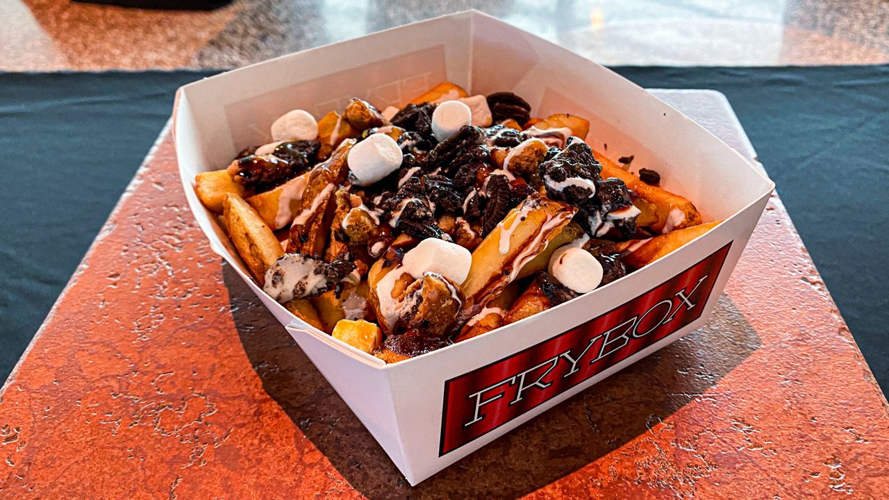 The FryBox serves dessert. This version featured crushed cookie pieces, sweet sauces and marshmallows over a bed of French fries. (Casey Weldon/Spectrum News 1)