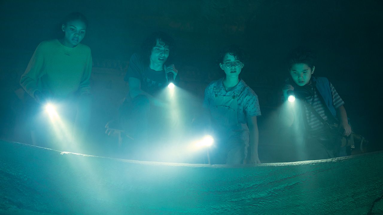 This image released by Sony Pictures shows Celeste O'Connor, from left, Finn Wolfhard, Mckenna Grace and Logan Kim in a scene from "Ghostbusters: Afterlife." (Kimberley French/Sony Pictures via AP)