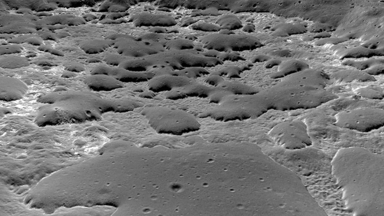 Perspective view Ina with 3x vertical exaggeration composed of Lunar Reconnaissance Orbiter Camera (LROC) Narrow Angle Camera (NAC) image M119815703 on top of an LROC NAC Digital Terrain Model. Credit: L. Qiao [NASA/GSFC/Arizona State University