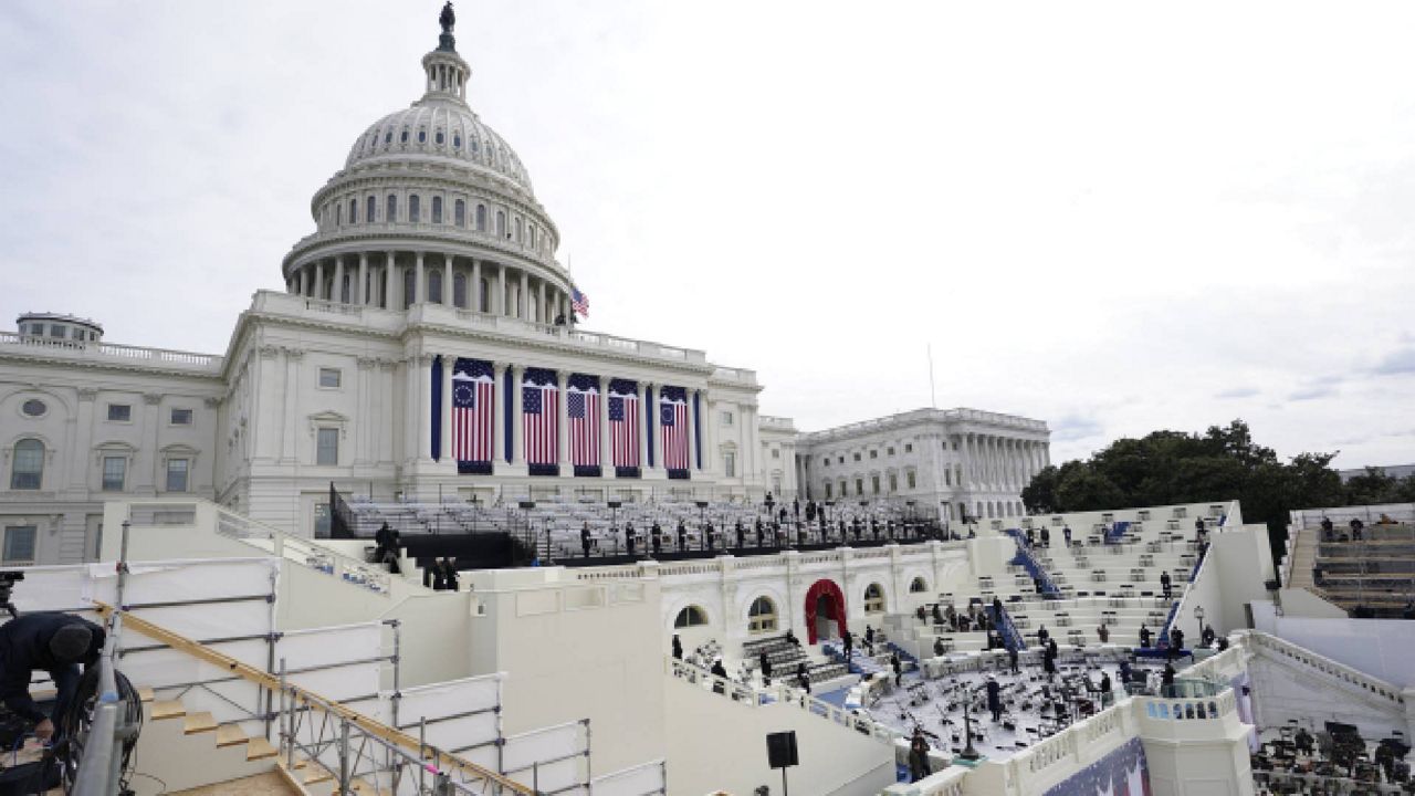 Preparations are made prior to a dress rehearsal for the 59th inaugural ceremony for President-elect Joe Biden and Vice President-elect Kamala Harris on Monday, January 18, 2021 at the U.S. Capitol in Washington. (AP Photo/Carolyn Kaster)