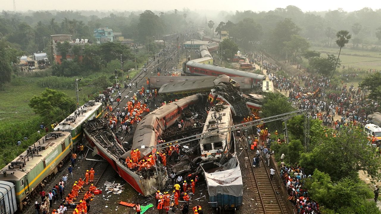 A drone shot of rescuers as they work at the site of a passenger train accident in India on Saturday, June 3, 2023.