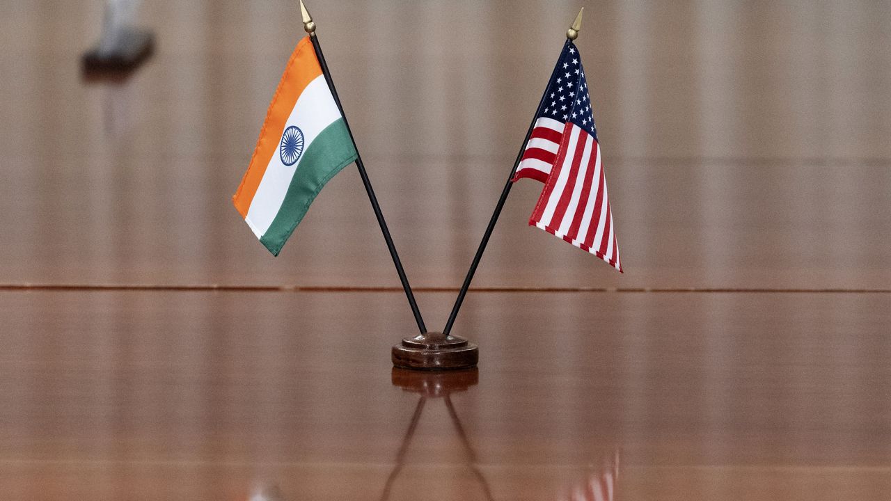 The countries' flags are seen on the table during a meeting with India's Foreign Minister Subrahmanyam Jaishankar and U.S. Secretary of Defense Lloyd Austin at the Pentagon, Monday, Sept. 26, 2022, in Washington. (AP Photo/Alex Brandon) 