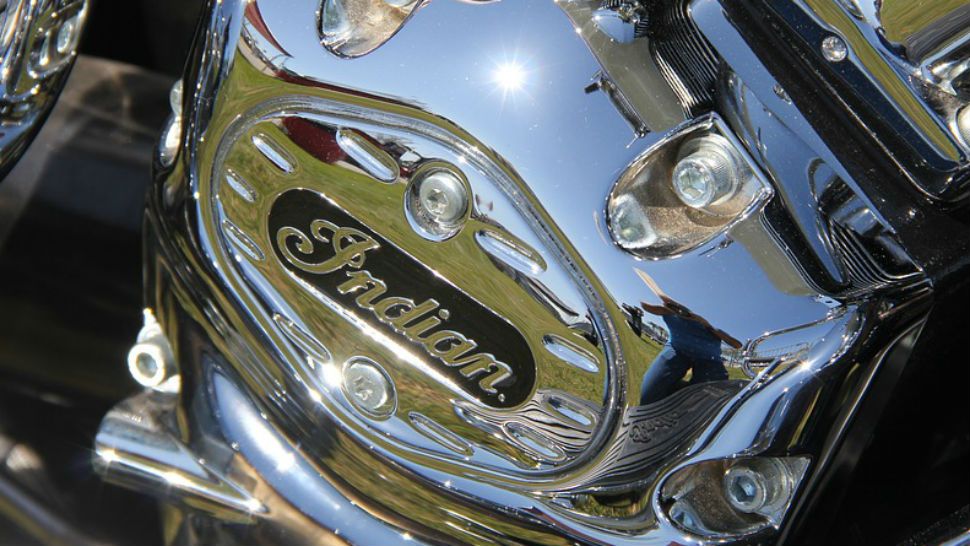 FILE- Closeup of Indian motorcycle logo.