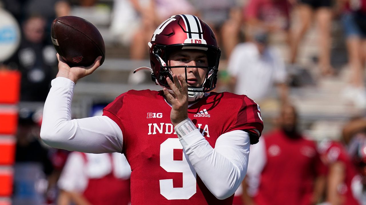 Indiana quarterback Connor Bazelak (9) throws during the first half of an NCAA college football game against Western Kentucky, Saturday, Sept. 17, 2022, in Bloomington, Ind. (AP Photo/Darron Cummings)