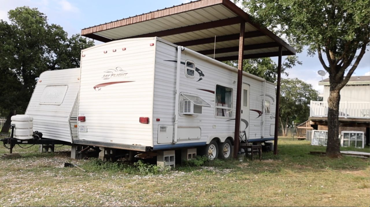An RV appears on Josiah Ingalls' property in Austin, Texas, in this image from July 2021. (Spectrum News 1/Lakisha Lemons)