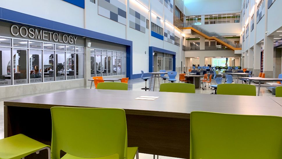 A portion of the interior of Moe & Gene Johnson High School in Buda, Texas, appears in this image from August 14, 2019. (Stacy Rickard/Spectrum News)