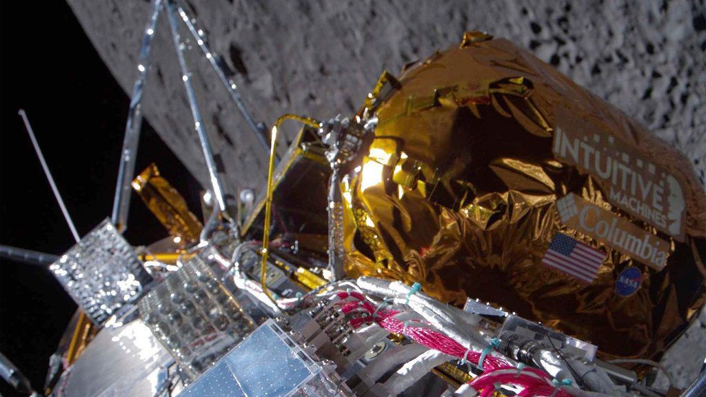 The Odysseus lunar lander over the near side of the moon following lunar orbit insertion on Wednesday, Feb. 21, 2024. (Intuitive Machines via AP)