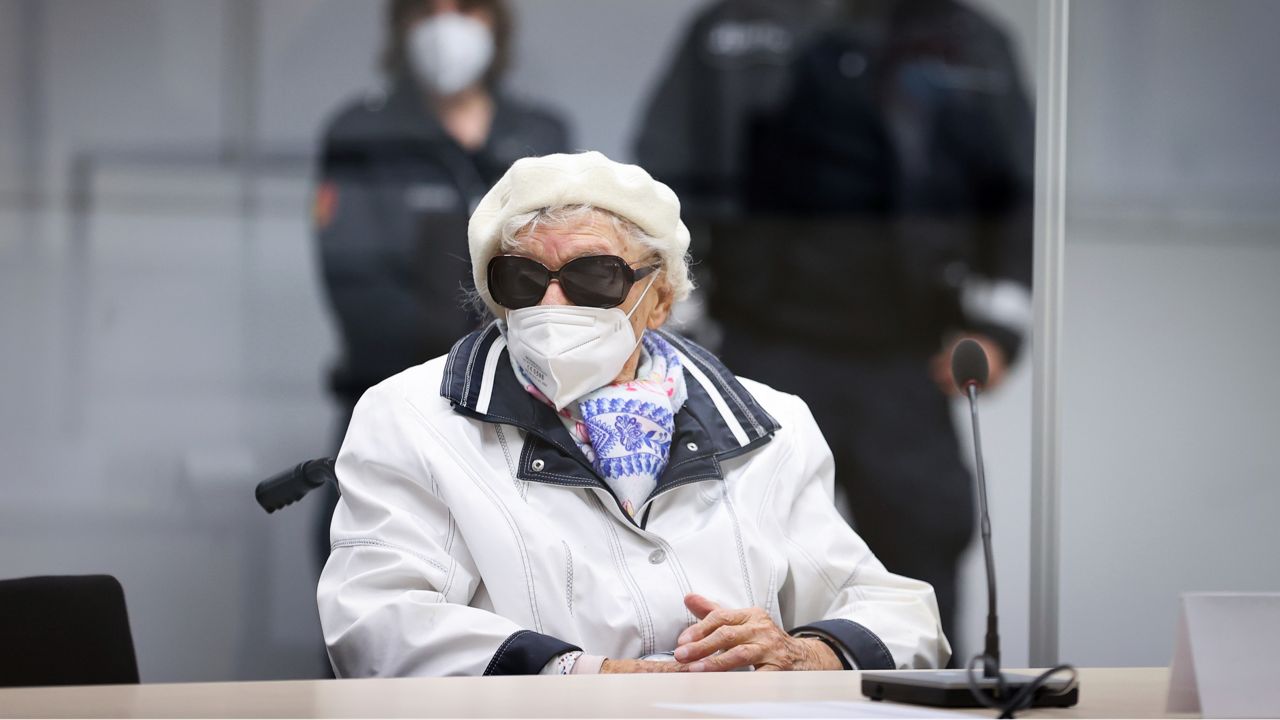 Irmgard Furchner sits in a courtroom in Itzehoe, Germany, on Nov. 9, 2021. (Christian Charisius/Pool via AP, File)