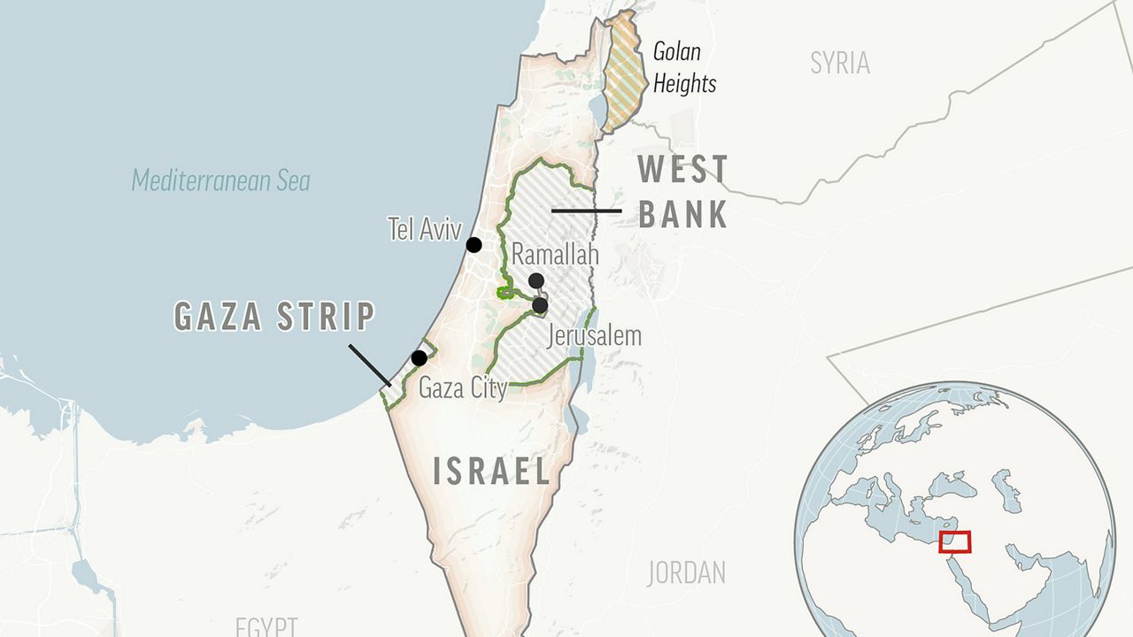 This is a locator map of Israel, the Palestinian Territories and neighboring countries. (AP Photo)