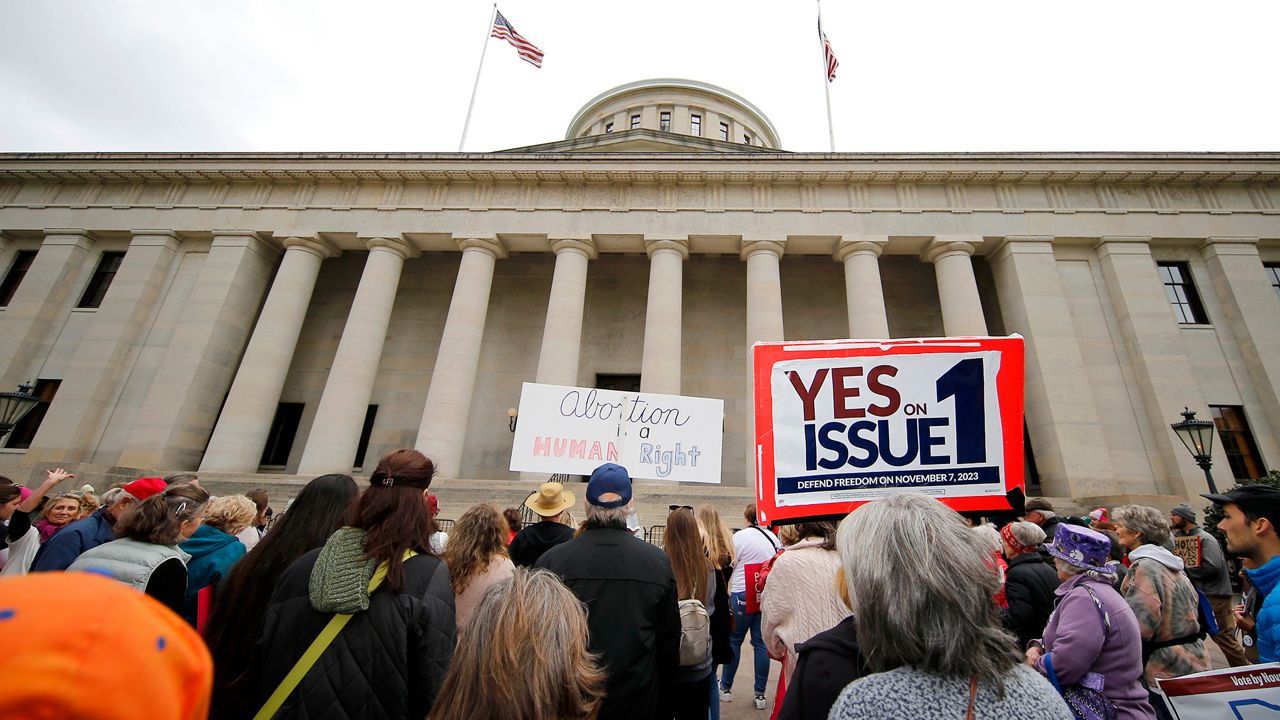 Supporters of Issue 1 attend a rally for the Right to Reproductive Freedom amendment held by Ohioans United for Reproductive Rights at the Ohio State House in Columbus, Ohio, Oct. 8, 2023. (AP Photo/Joe Maiorana)