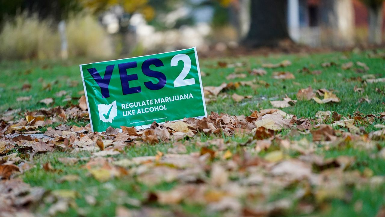 A sign supporting Issue 2 sits in a residential yard on Election Day, Tuesday, Nov. 7, 2023, in Cincinnati. (AP Photo/Joshua A. Bickel)