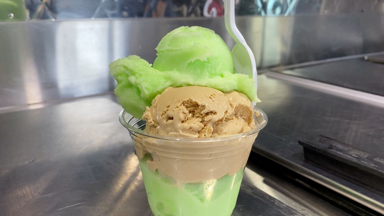 Kittle's mix of green apple Italian ice and caramel gelato