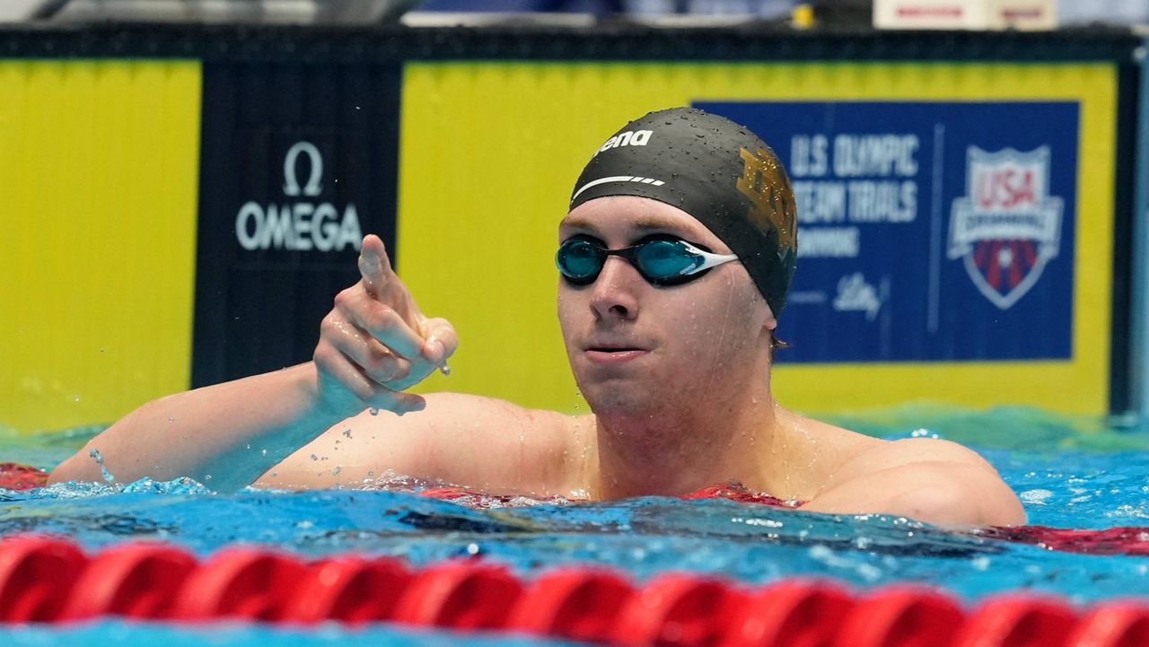 Jack Alexy reacts after a men's 100 freestyle semifinals heat Tuesday, June 18, 2024, at the U.S. Swimming Olympic Trials in Indianapolis. (AP Photo/Darron Cummings, File)