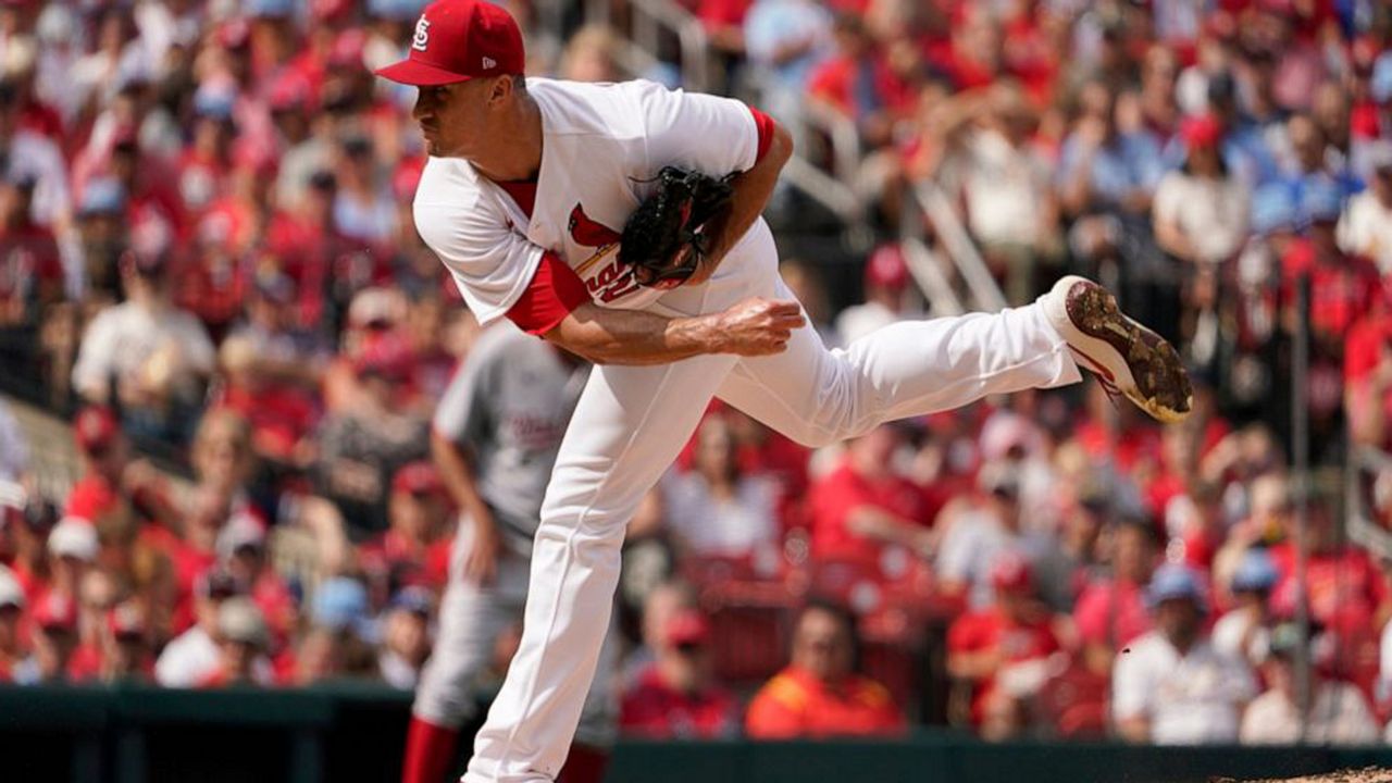 St. Louis Cardinals starting pitcher Jack Flaherty throws during the first inning of a baseball game against the Washington Nationals Monday, Sept. 5, 2022, in St. Louis. (AP Photo/Jeff Roberson)