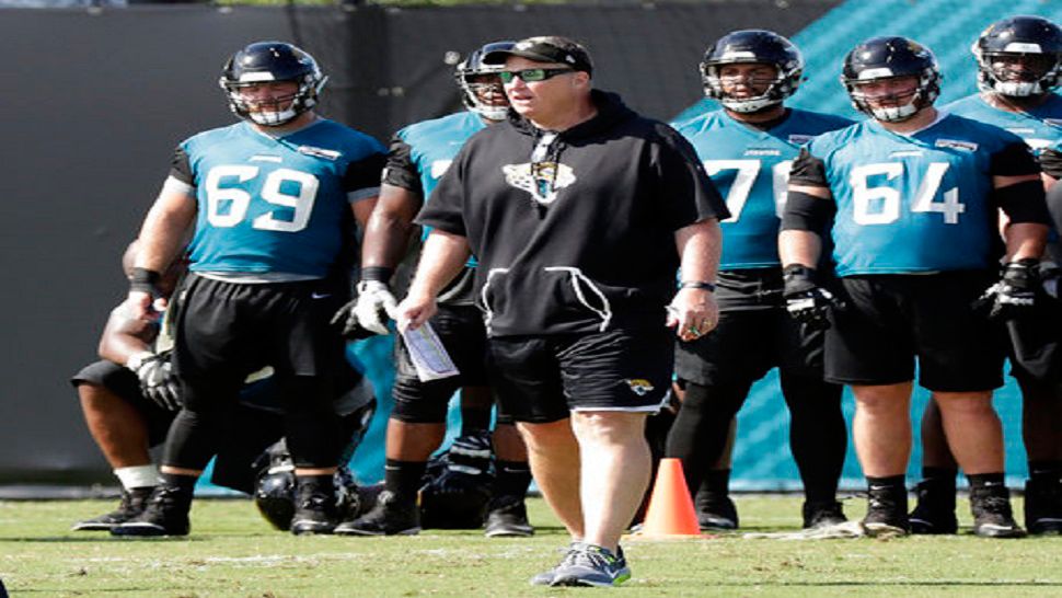 Jacksonville Jaguars head coach Doug Marrone, center, watches players go through drills during an NFL football practice in Jacksonville, Fla. (AP Photo/John Raoux, File)