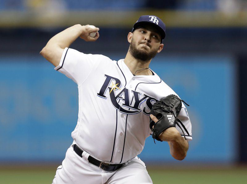 Tampa Bay Rays starting pitcher Jacob Faria delivers to the Texas Rangers during the first inning of a baseball game Wednesday, April 18, 2018, in St. Petersburg, Fla. (AP Photo/Chris O’Meara)