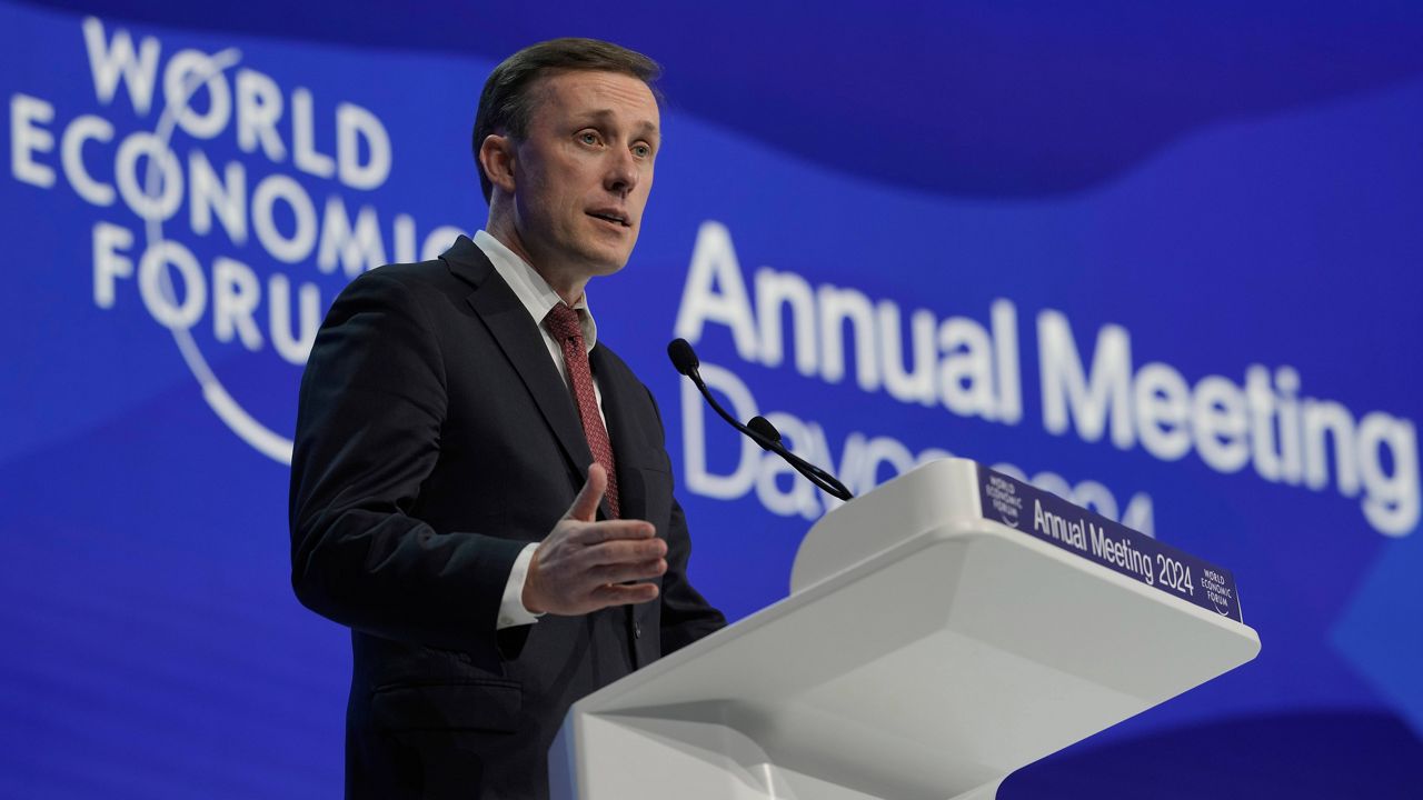 Jake Sullivan, U.S. national security adviser, speaks during the Annual Meeting of the World Economic Forum in Davos, Switzerland, Tuesday, Jan. 16, 2024. (AP Photo/Markus Schreiber)