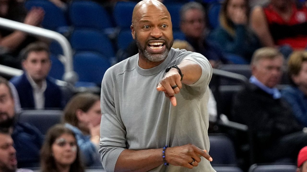 Orlando Magic head coach Jamahl Mosley directs players on the court during the second half of a preseason NBA basketball game against Brazil Flamengo, Friday, Oct. 20, 2023, in Orlando, Fla. (AP Photo/John Raoux)