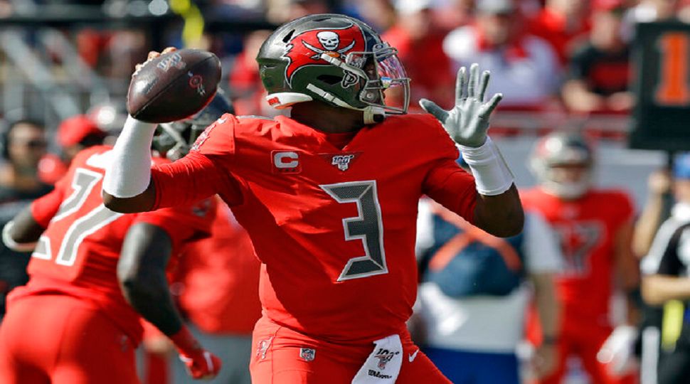 Tampa Bay Buccaneers quarterback Jameis Winston (3) throws a interception to Indianapolis Colts outside linebacker Darius Leonard during the first half of an NFL football game Sunday, Dec. 8, 2019, in Tampa, Fla. (AP Photo/Chris O'Meara)