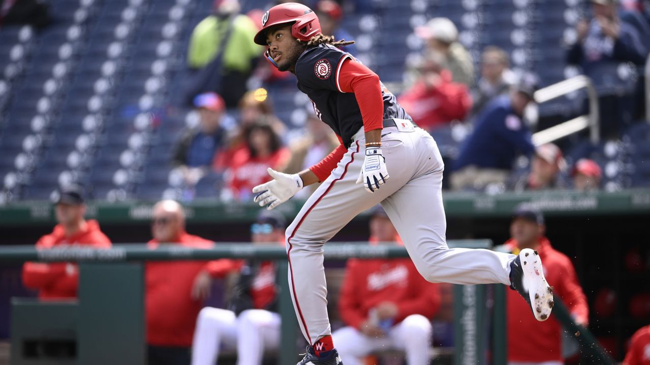 Washington Nationals Futures' James Wood in action during an exhibition baseball game against the Washington Nationals, Tuesday, March 26, 2024, in Washington. (AP Photo/Nick Wass)