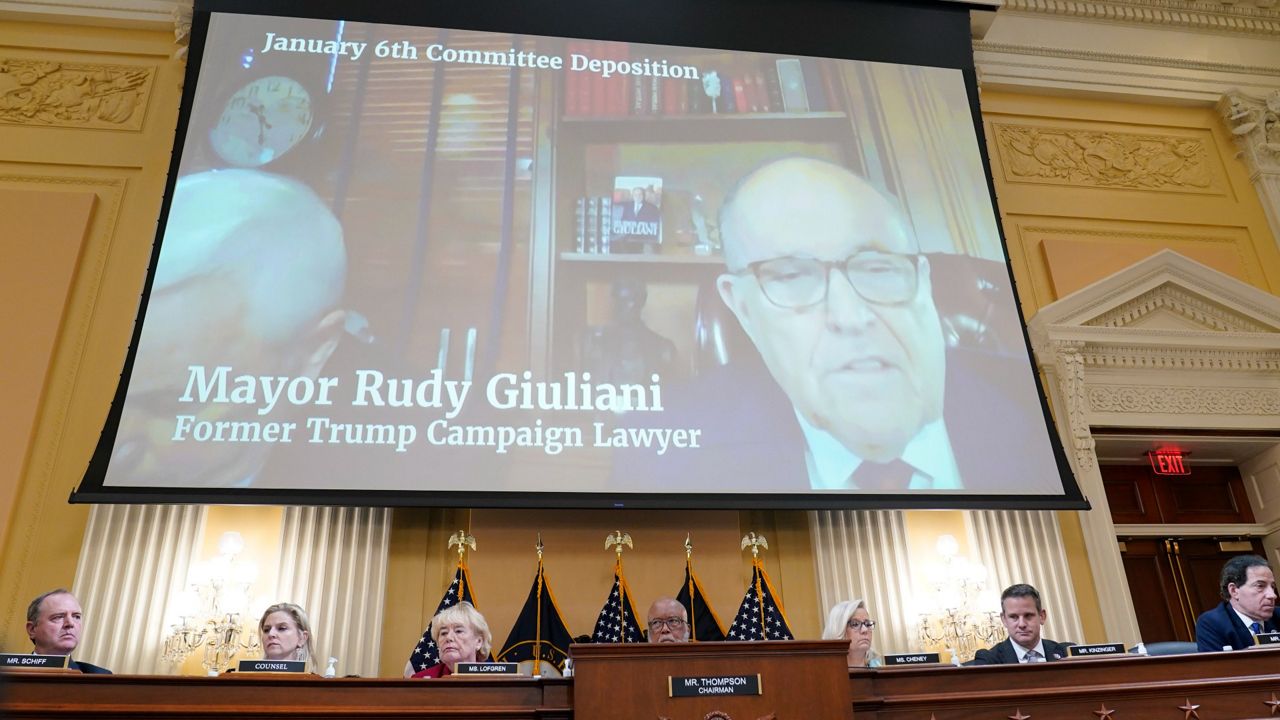 A video deposition of former Trump campaign attorney Rudy Giuliani plays as the House select committee investigating the Jan. 6 attack on the U.S. Capitol continues to reveal its findings of a yearlong investigation on June 13. (AP Photo/Susan Walsh, File)
