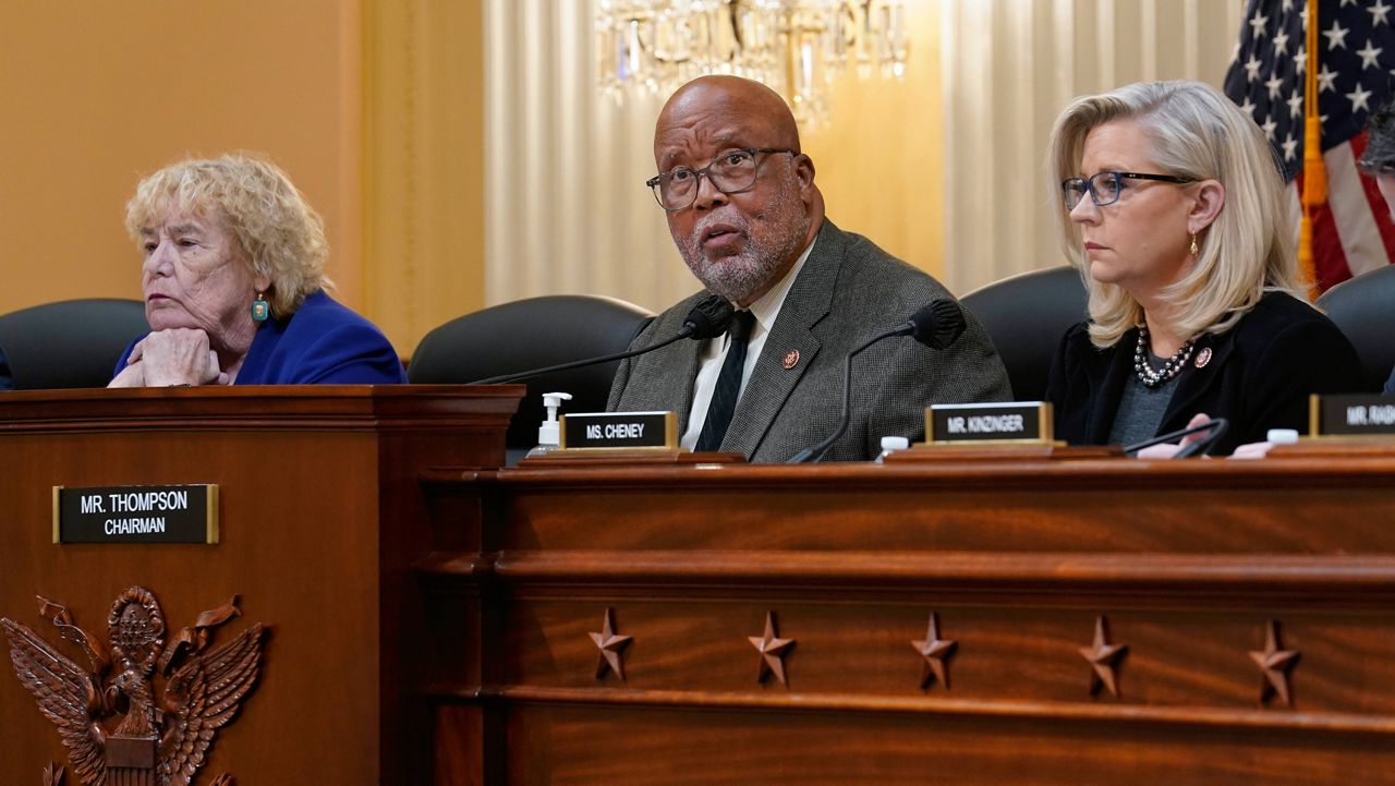 House Jan. 6 Select Committee Chairman Bennie Thompson, D-Miss., center, flanked by Rep. Zoe Lofgren, D-Calif., left, and Vice Chair Liz Cheney, R-Wyo., meet Wednesday to vote on pursuing contempt charges against Jeffrey Clark, a former Justice Department lawyer. (AP Photo/J. Scott Applewhite) 