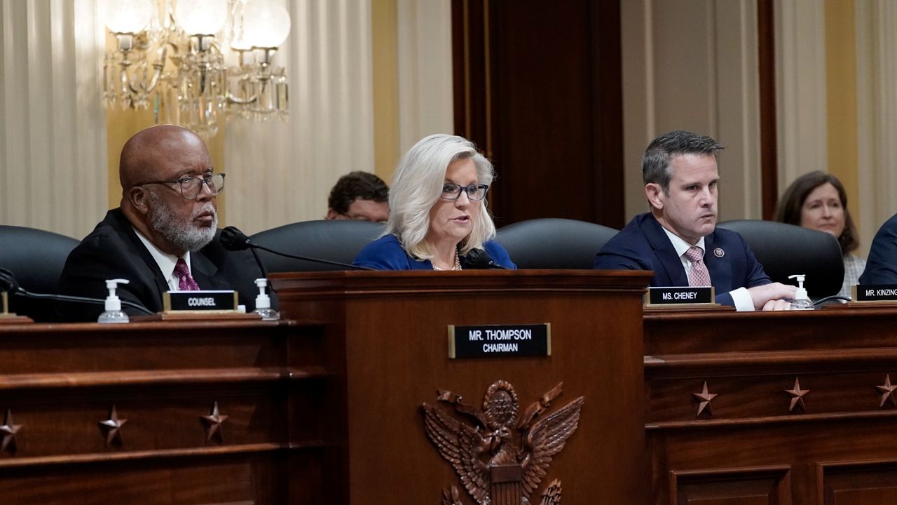 Vice Chair Liz Cheney, R-Wyo., speaks as the House Jan. 6 committee's hearing on Oct. 13, as Chairman Bennie Thompson, D-Miss and Rep. Adam Kinzinger, R-Ill., look on. (AP Photo/J. Scott Applewhite)